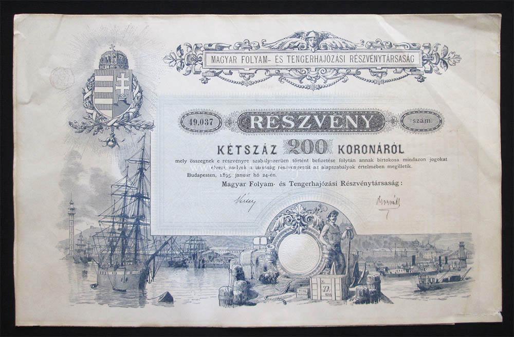 Magyar Folyam- s Tengerhajzsi rszvny 200 korona 1895